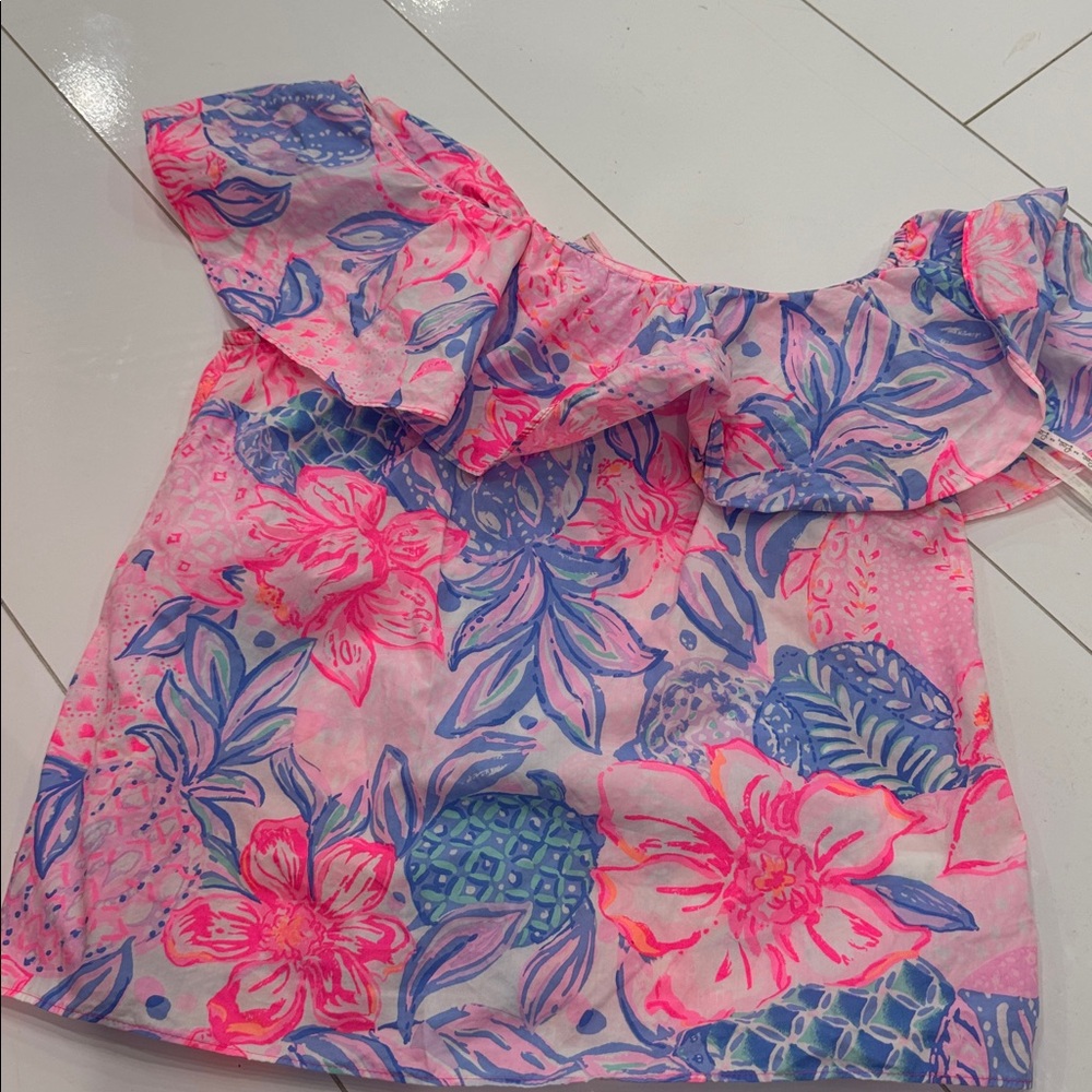 Lilly Pulitzer White and Blue Ruffled Blouse